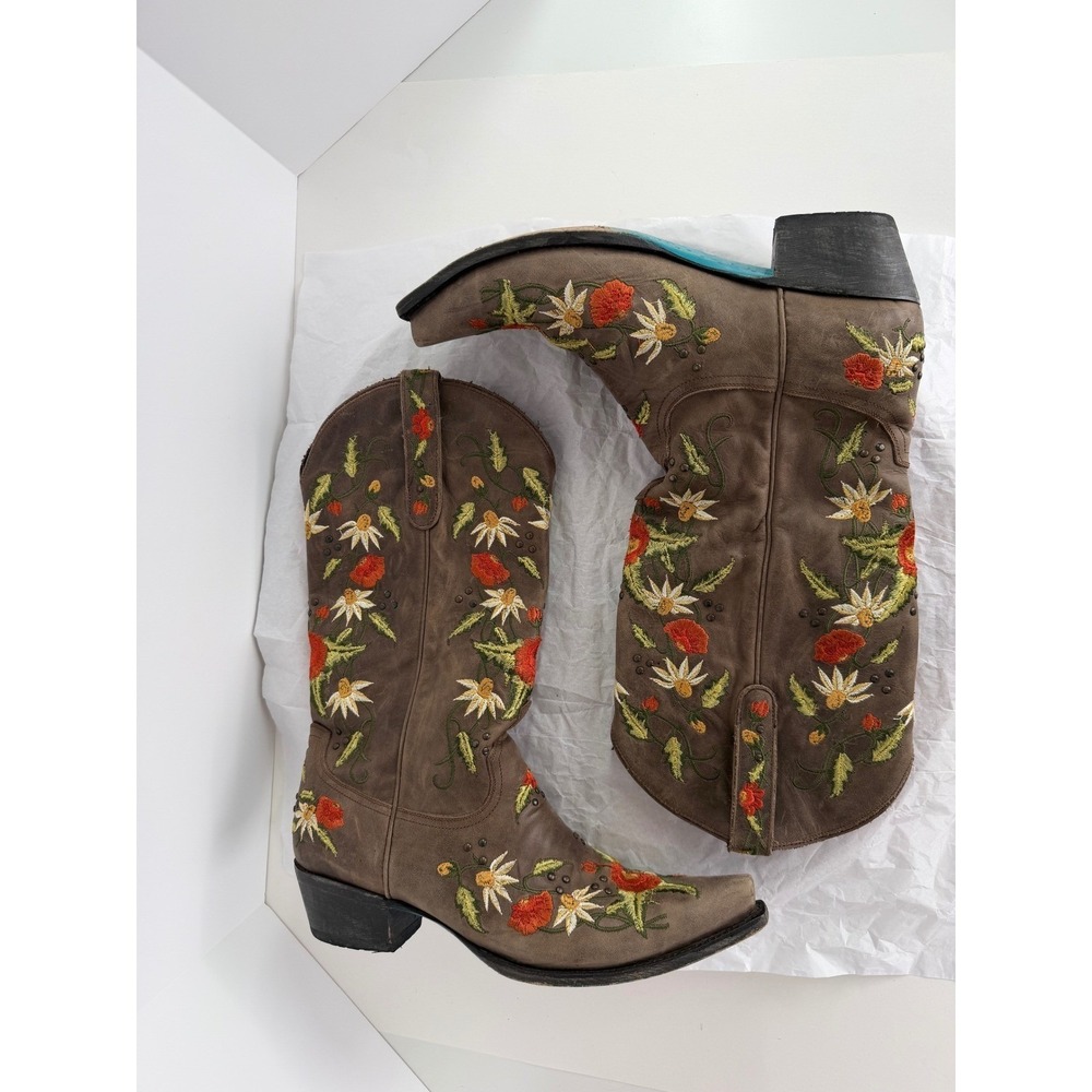 Lane Boots Western Embroidered Floral Wild Stitch Brown Leather Cowgirl 11 FLAWS - Picture 6 of 16